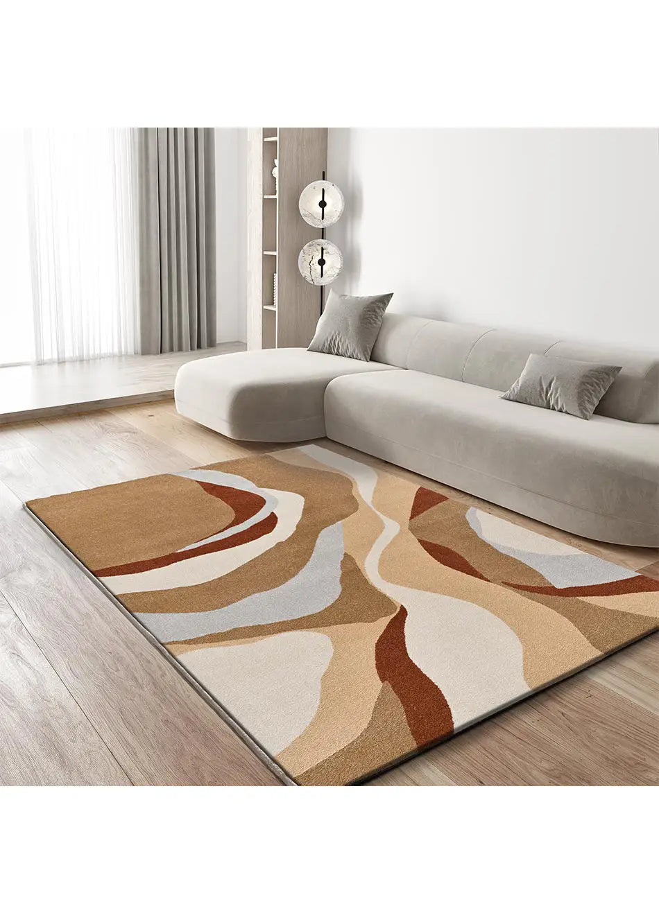Alfombra abstracta beige y caldera Astra 13006 en ambiente | Atticgo
