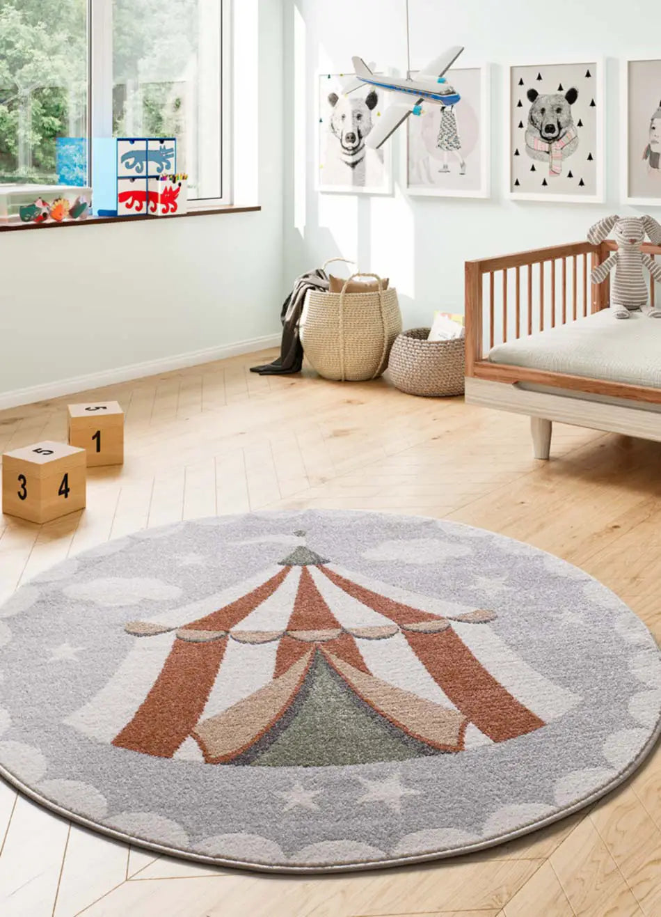 Alfombra infantil redonda circo Beats 40486 Gris Atticgo Habitación Infantil