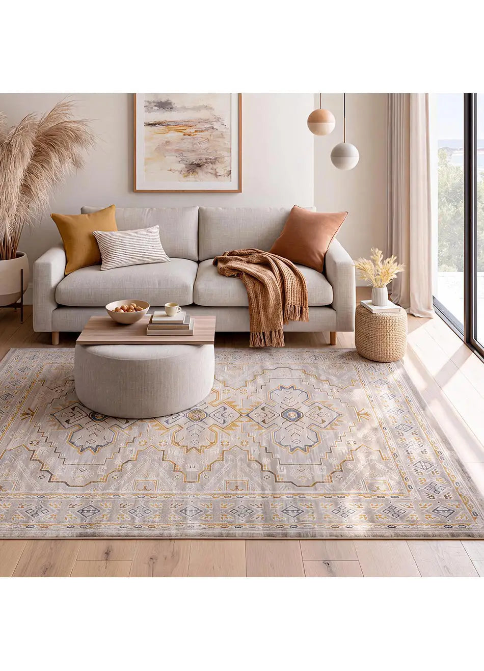 Alfombra clásica beige y mostaza para salón Berta 5211 Atticgo