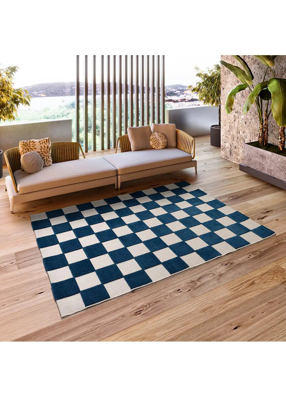 Alfombra de exterior geométrica azul Cuadros 23515 Atticgo Para terraza y jardín