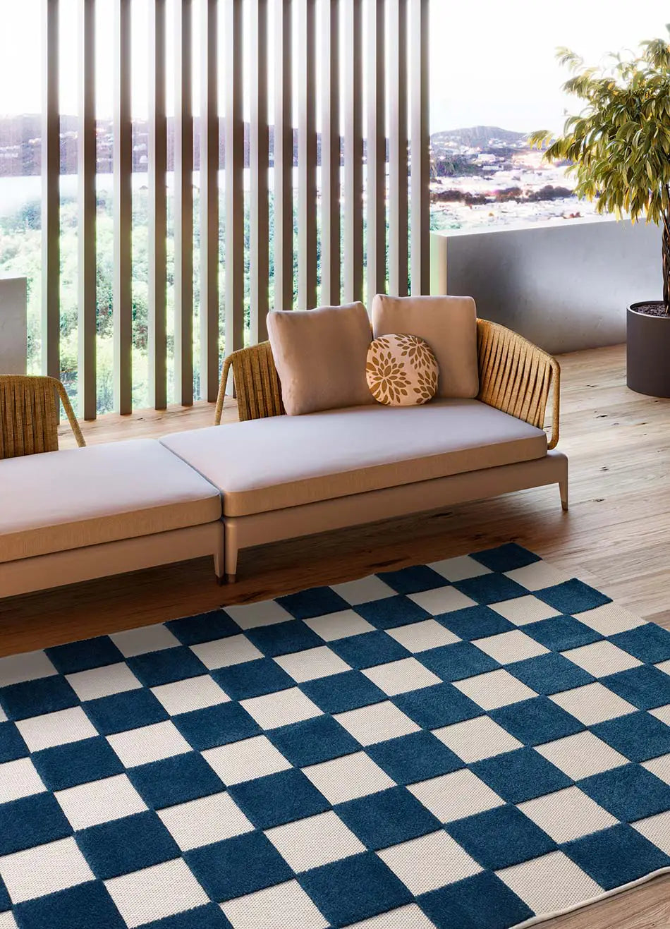 Alfombra de exterior geométrica azul Cuadros 23515 Atticgo Para terraza y jardín