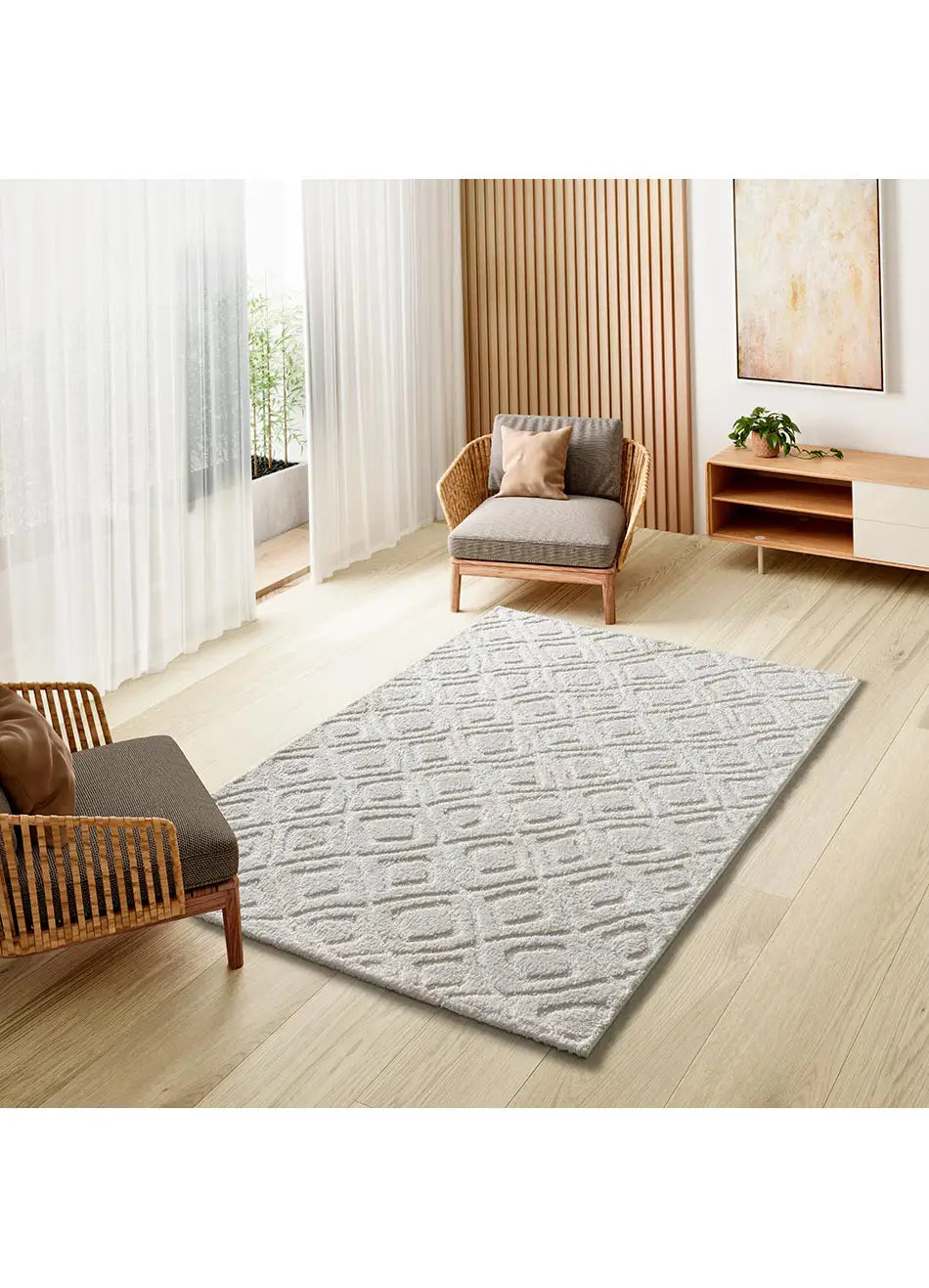 Alfombra de estilo escandinavo con relieve para salón Juno 111 Blanco Atticgo