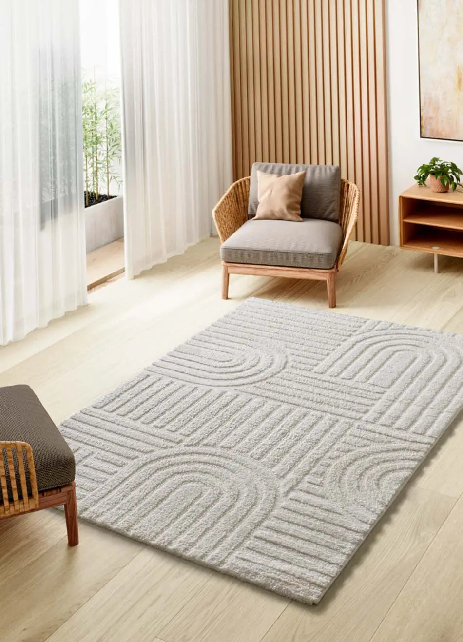 Alfombra geométrica de salón estilo escandinavo con relieve Juno 54406 Blanco Atticgo