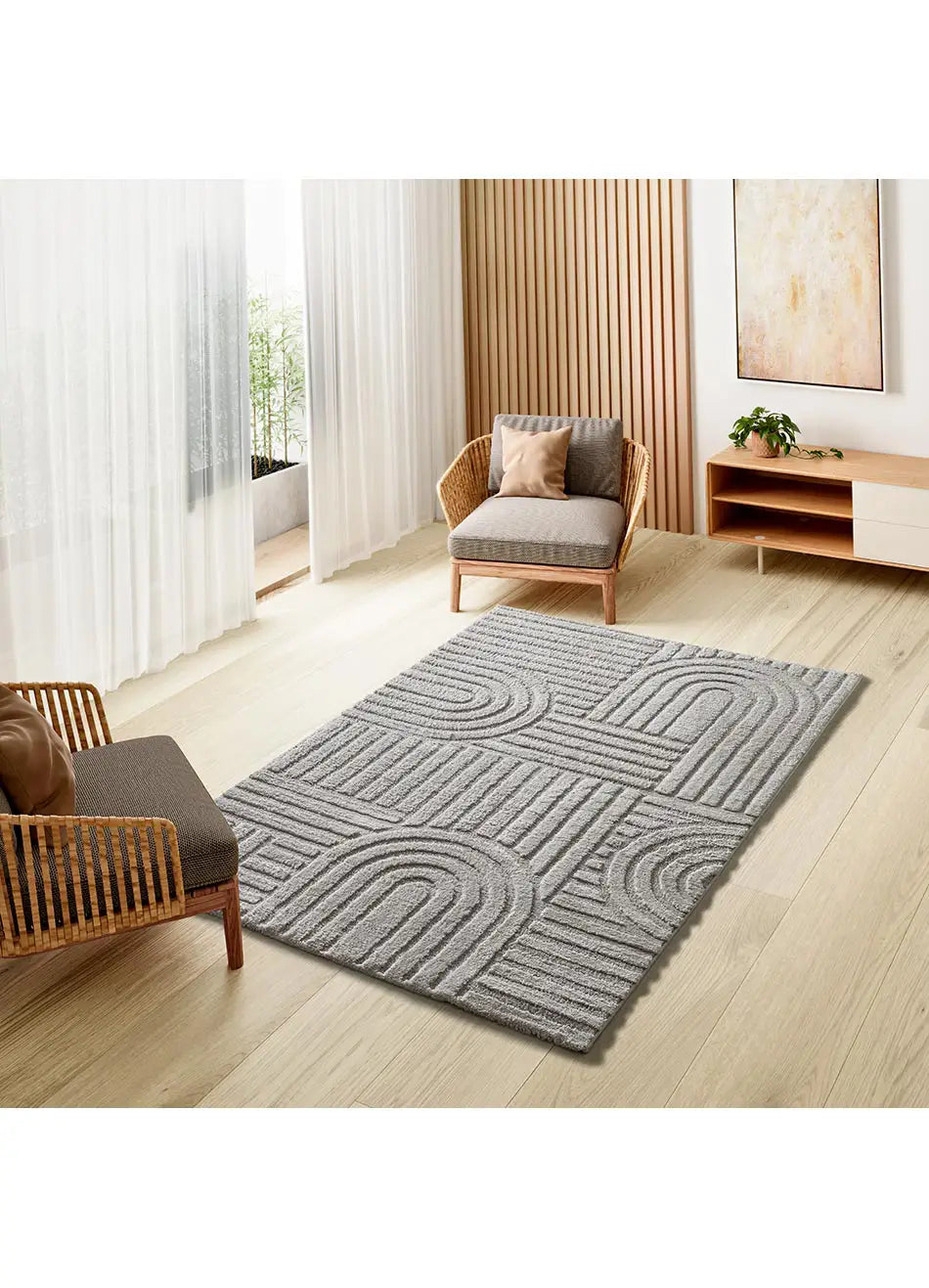 Alfombra de salón geométrica estilo escandinavo con relieve Juno 54406 Plata Atticgo