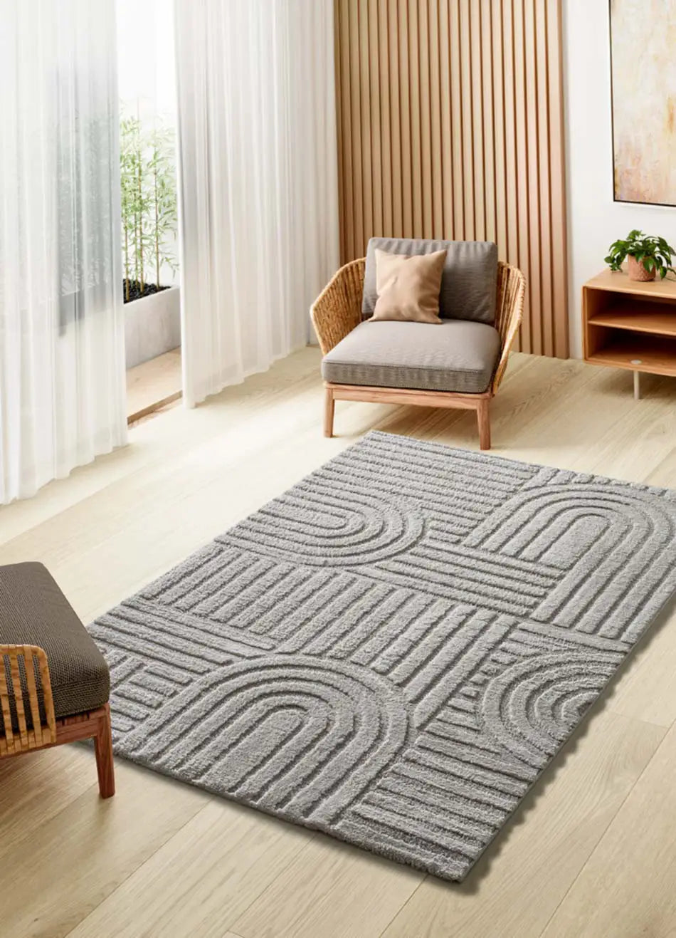 Alfombra geométrica para salón estilo escandinavo con relieve Juno 54406 Plata Atticgo