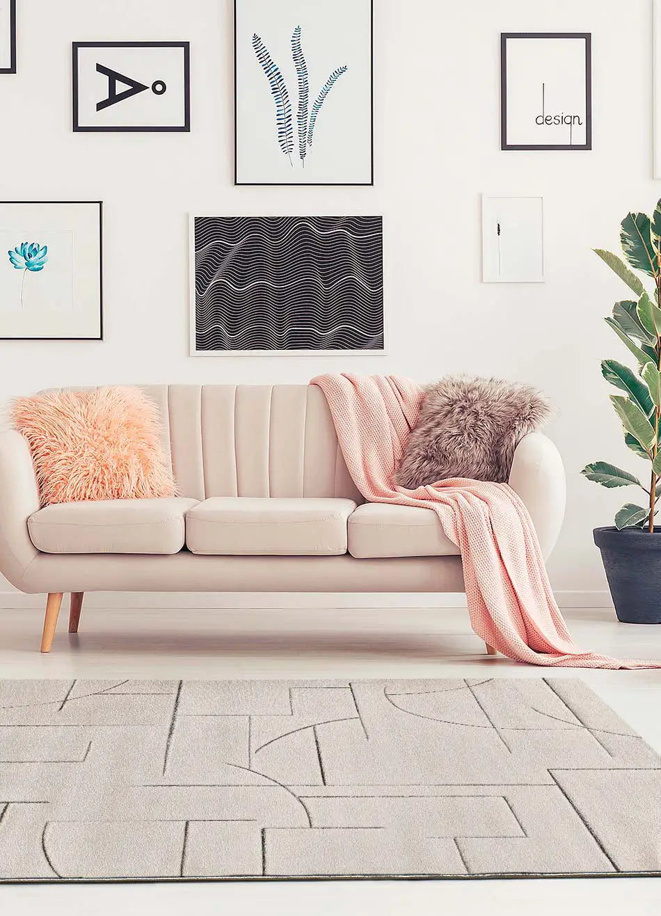 Atticgo Alfombra geométrica a trazos Lena 40264 Crema ambiente