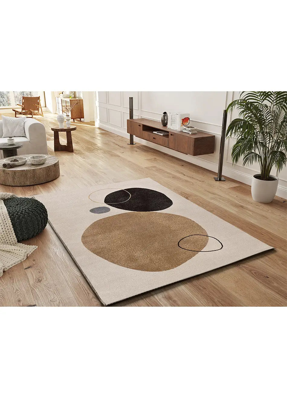 Alfombra abstracta para salón círculos Lessia Peblinne Beige y Negro Atticgo