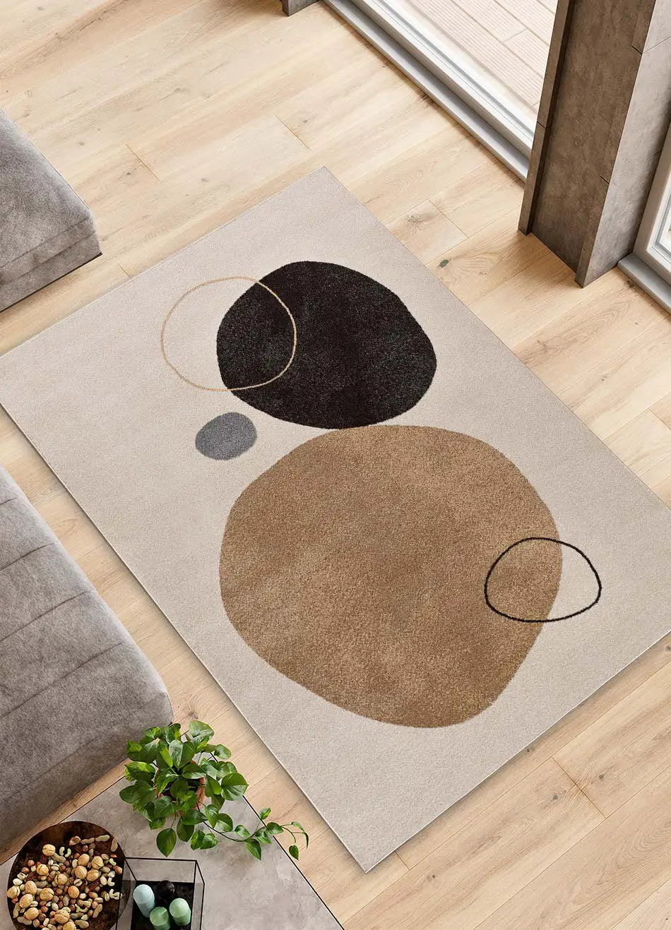 Alfombra abstracta salón círculos Lessia Peblinne Beige y Negro Atticgo