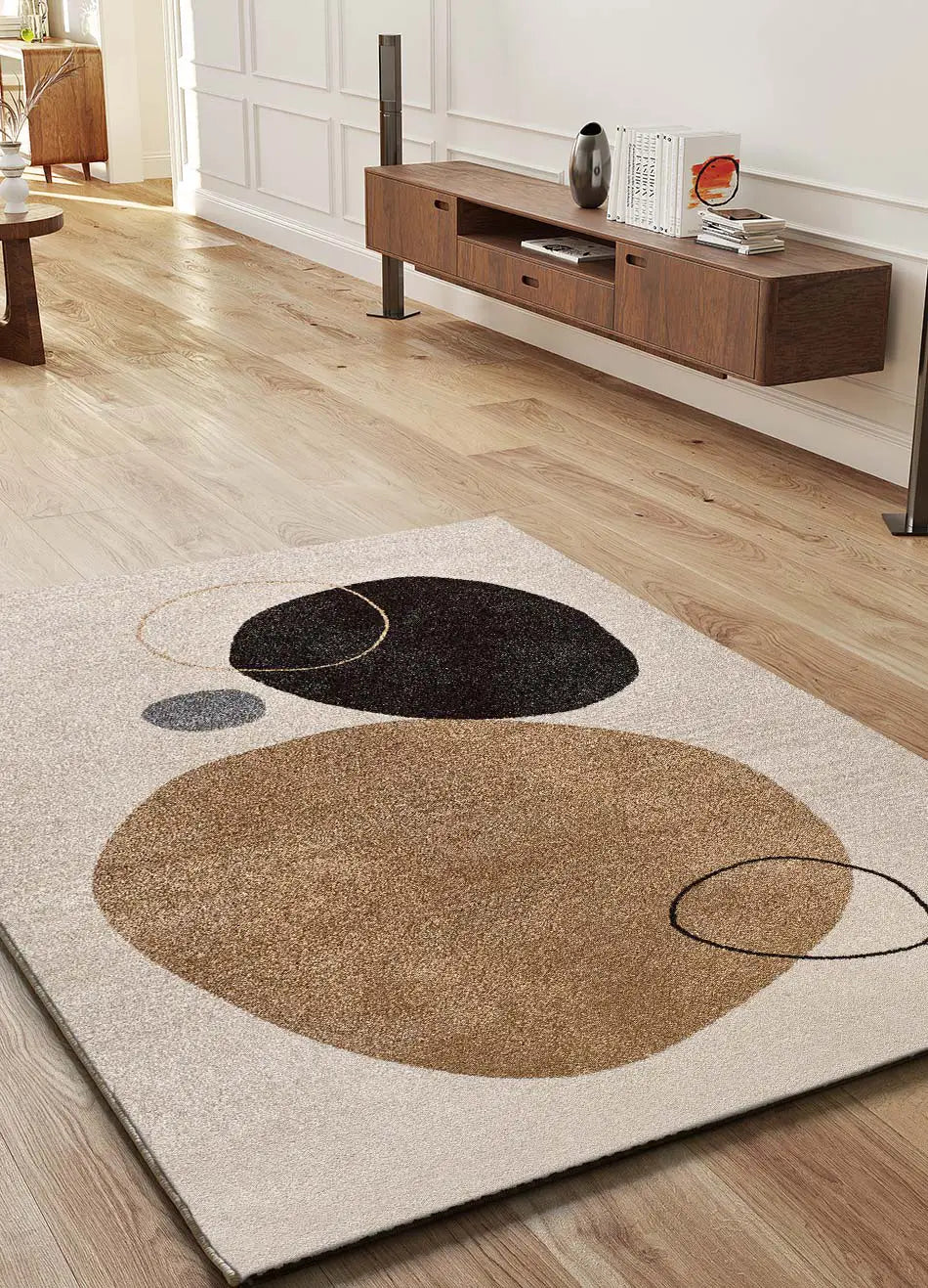 Alfombra abstracta salón círculos Lessia Peblinne Beige y Negro Atticgo