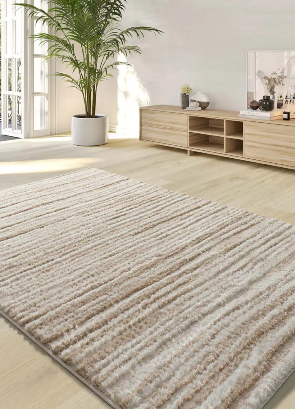 Atticgo Alfombra estilo escandinavo, reciclada y con relieve Lima 3501 Beige ambiente