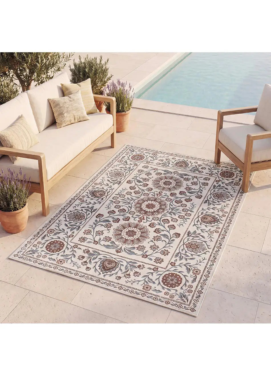 Alfombra de terraza clásica con motivos florales Lua 3104 Azul Atticgo