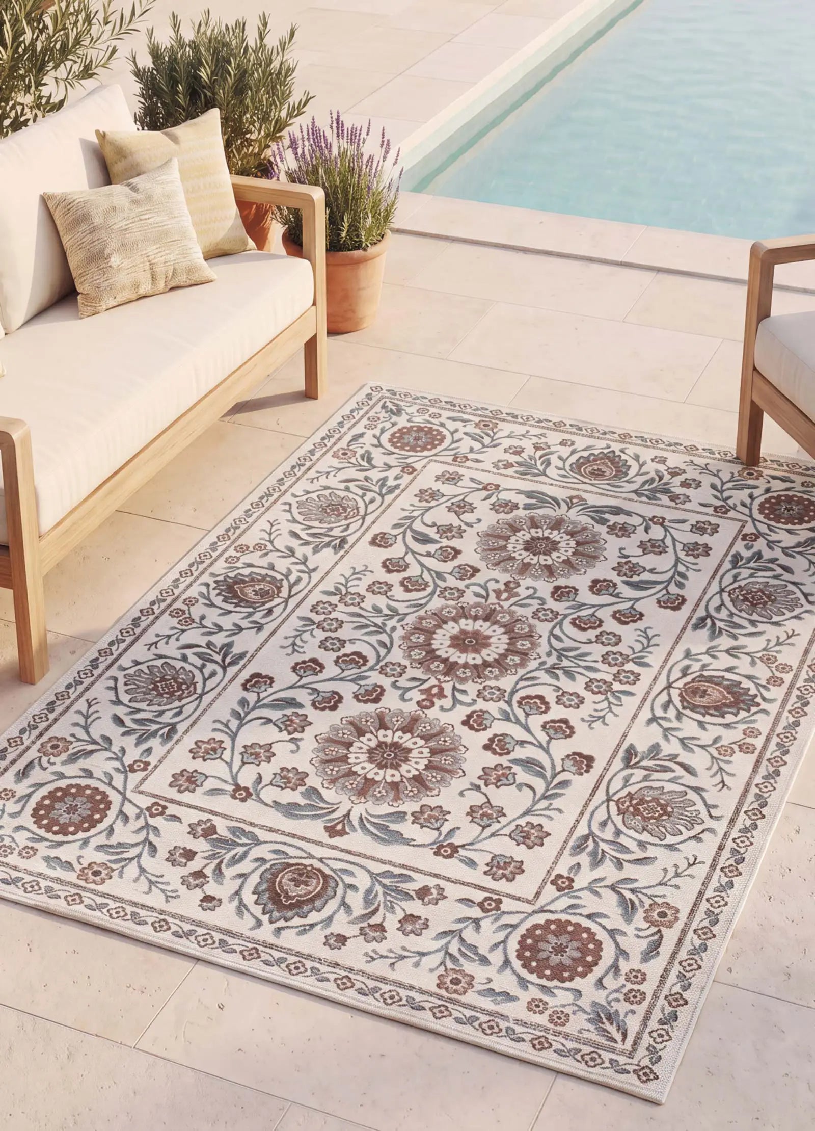 Alfombra de exterior clásica con motivos florales Lua 3104 Azul Atticgo