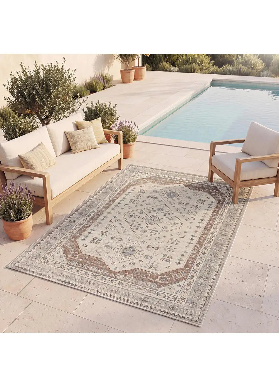 Alfombra de jardín vintage efecto desgastado Lua 3111 gris y caldera Atticgo