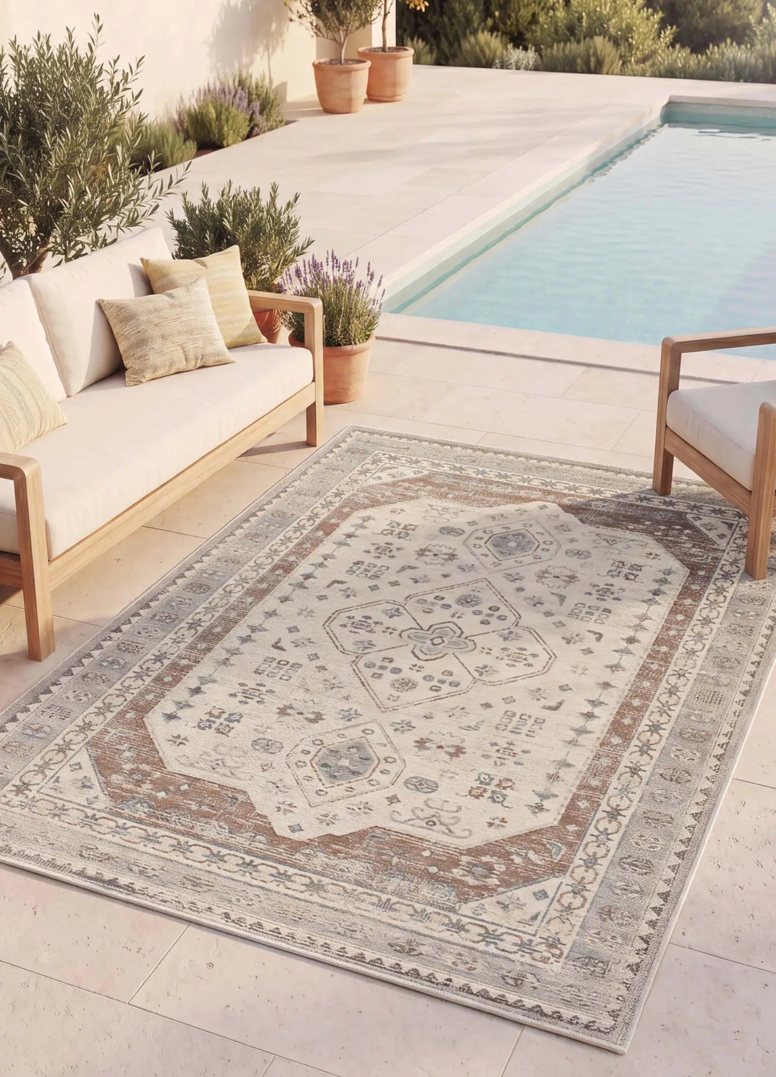 Alfombra de exterior vintage efecto desgastado Lua 3111 gris y caldera Atticgo