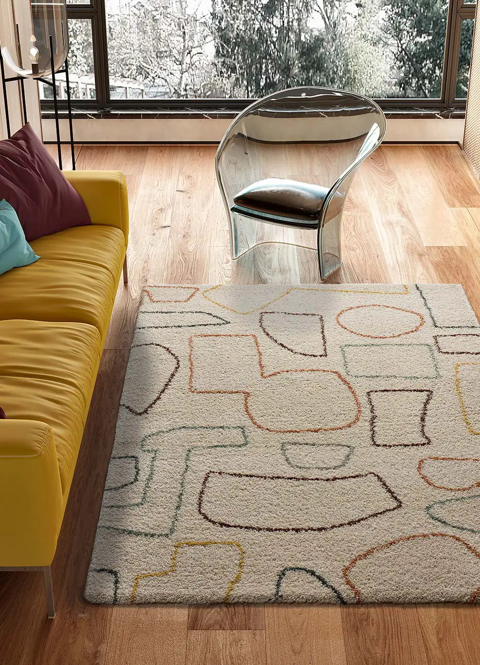 Atticgo Alfombra geométrica de pelo alto y colores empolvados Maris 62617 Multicolor ambiente