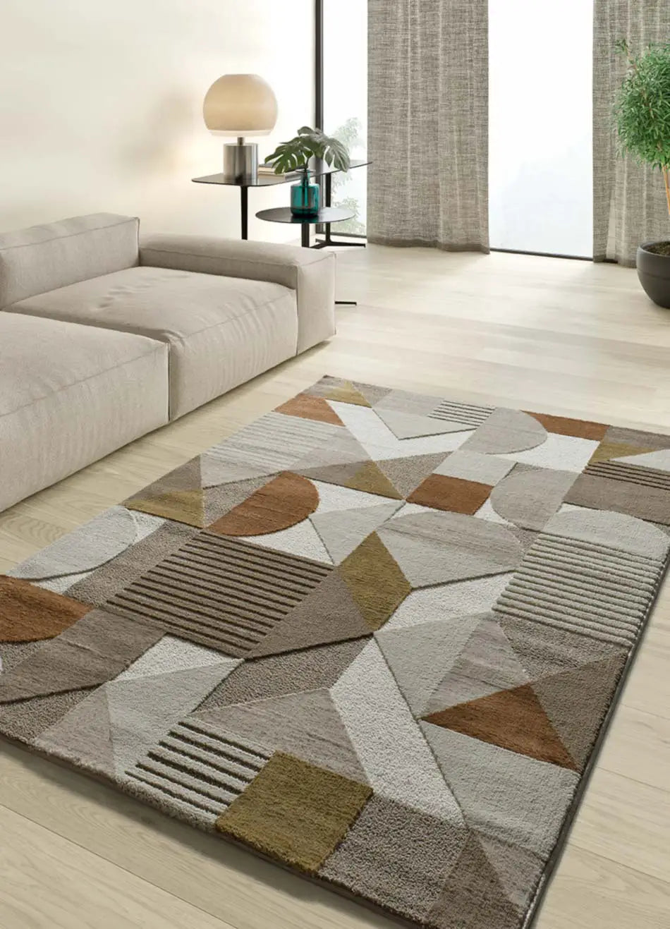 Atticgo Alfombra geométrica con relieve en tonos tierra Melfi 4501 ambiente