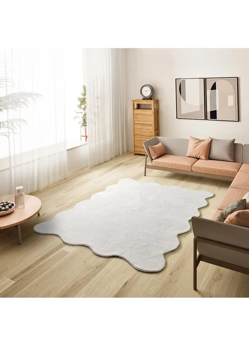 Alfombra lavable para salón con borde ondulado blanco Mellow Atticgo