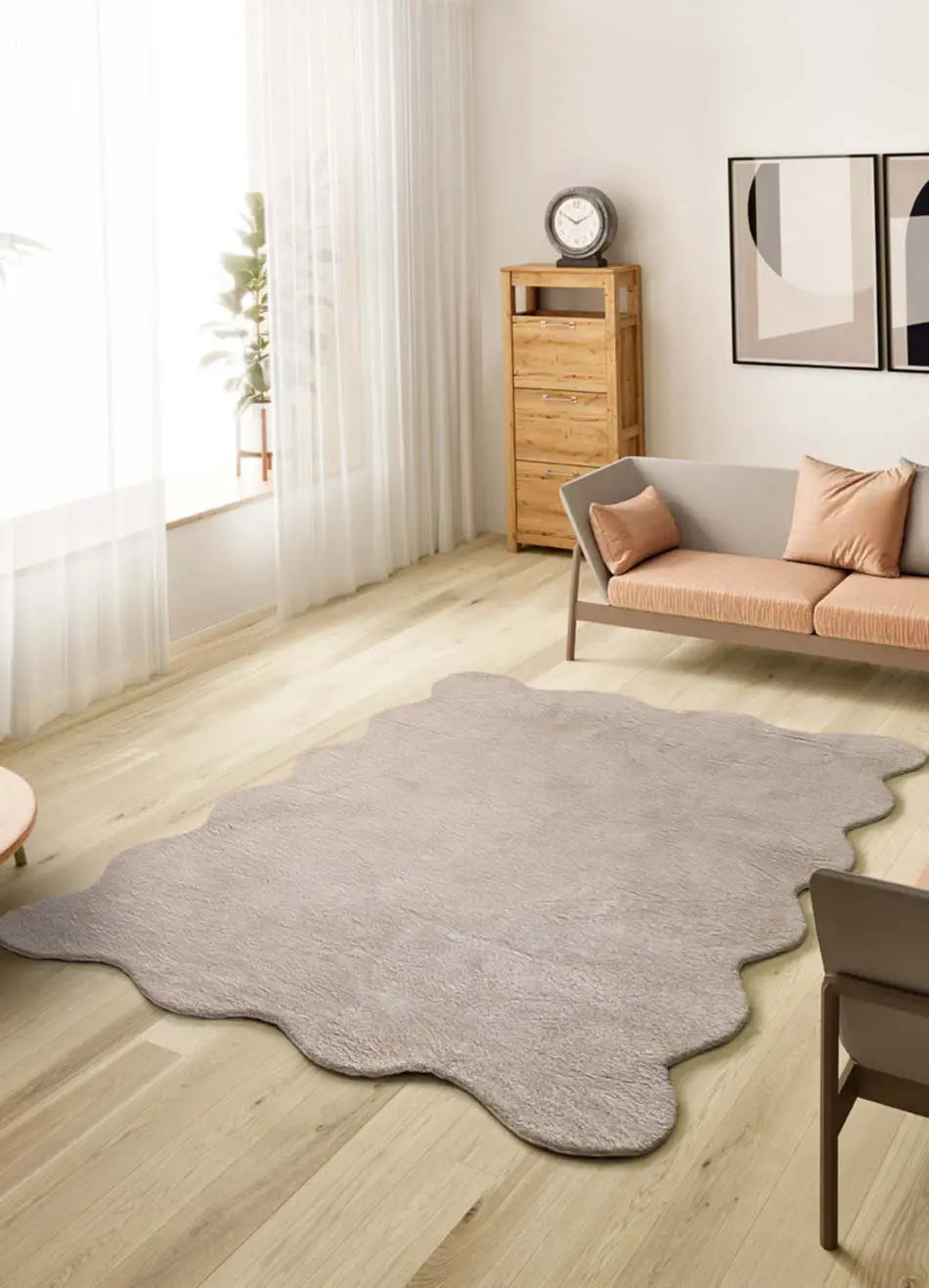 Alfombra lavable de salón con borde ondulado piedra Mellow Atticgo