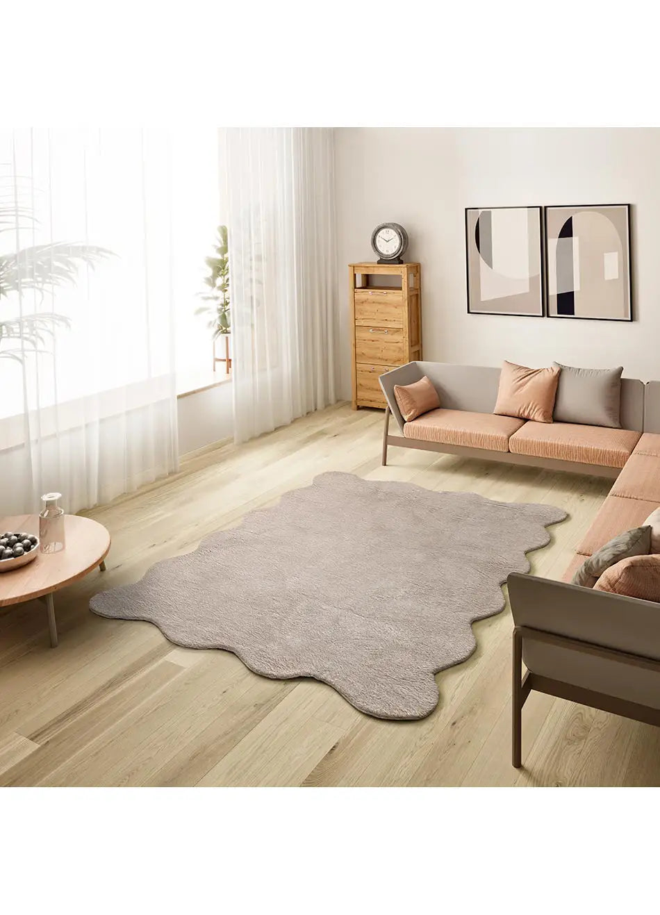 Alfombra lavable para salón con borde ondulado piedra Mellow Atticgo