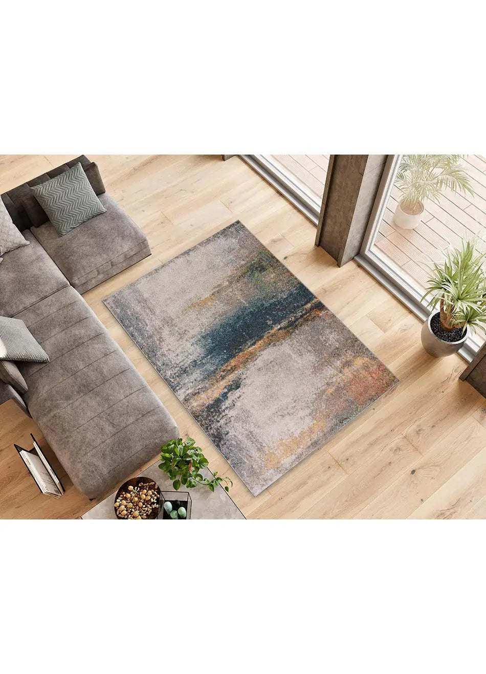 Atticgo Alfombra abstracta  en tonos azules y grises Parma 54561 ambiente salón