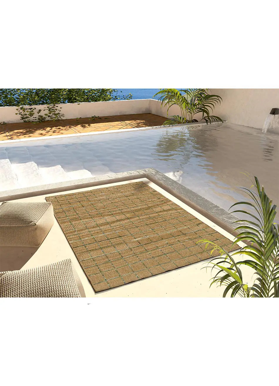 Alfombra de exterior a cuadros efecto yute y verde Pérgola 12615 Atticgo zona piscina