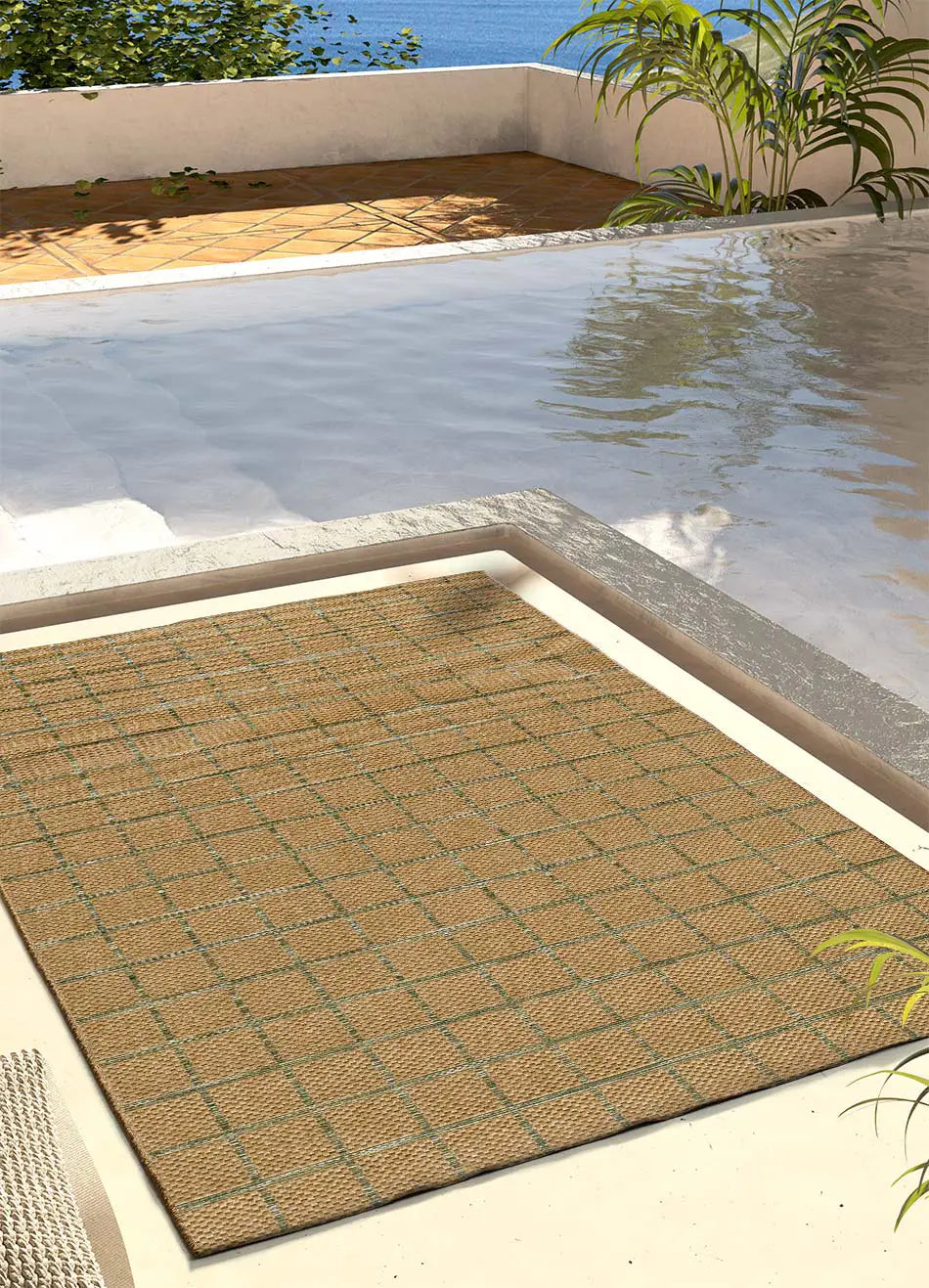 Alfombra de exterior a cuadros efecto yute y verde Pérgola 12615 Atticgo Para terraza