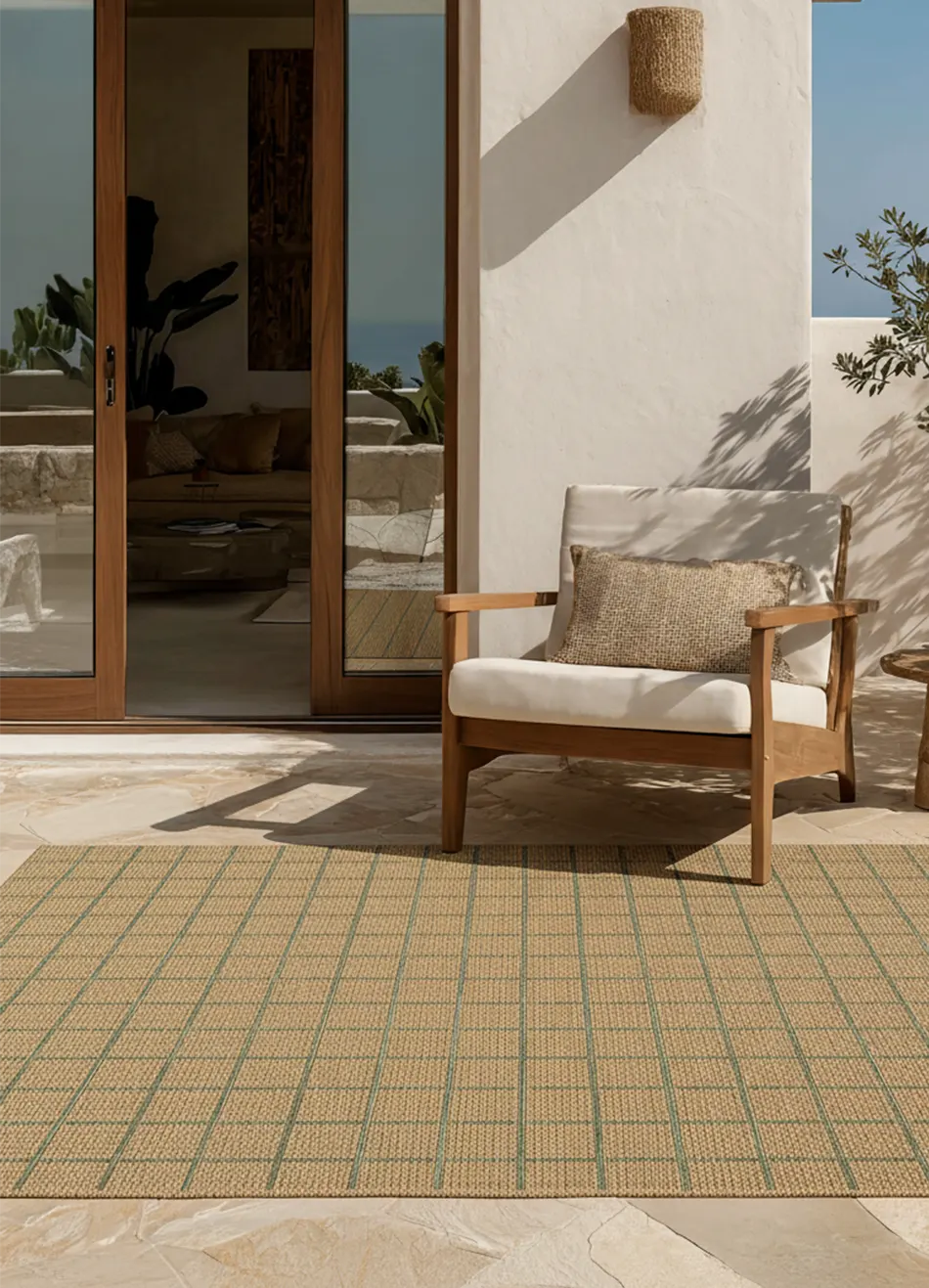 Alfombra de exterior a cuadros efecto yute y verde Pérgola 12615 Atticgo Terraza