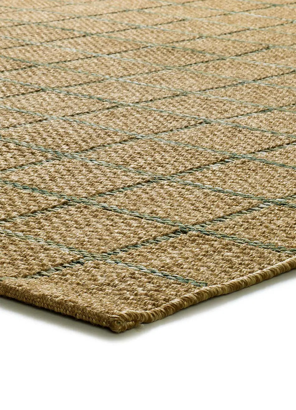 Alfombra de exterior a cuadros efecto yute y verde esquina Pérgola 12615 Atticgo