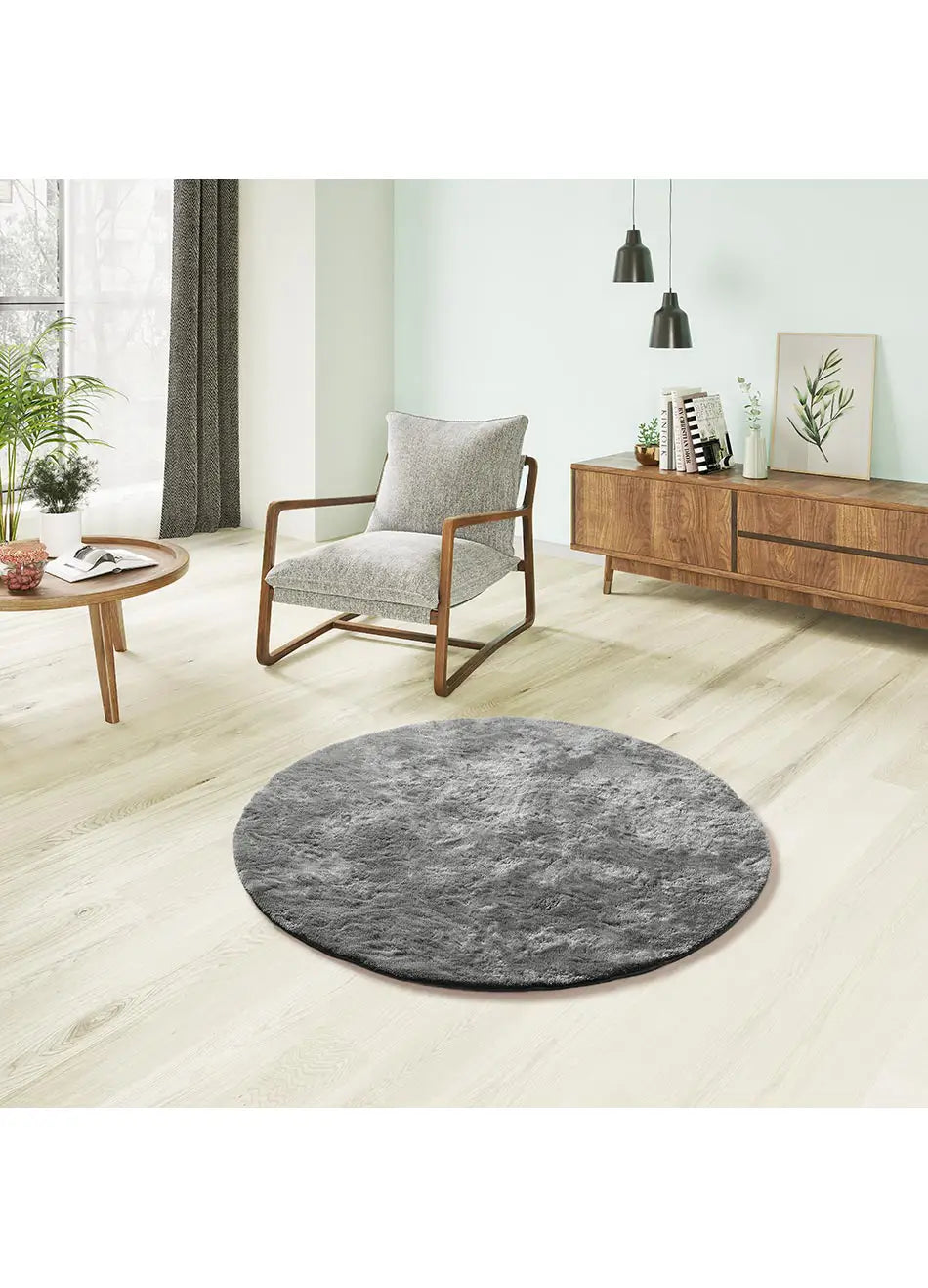 Atticgo Alfombra redonda shaggy antideslizante Roma Liso Antracita ambiente salón