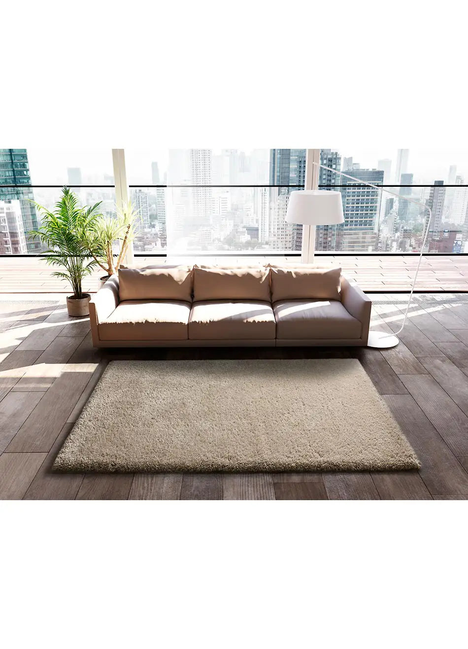 Alfombra shaggy reciclada beige en salón | Atticgo