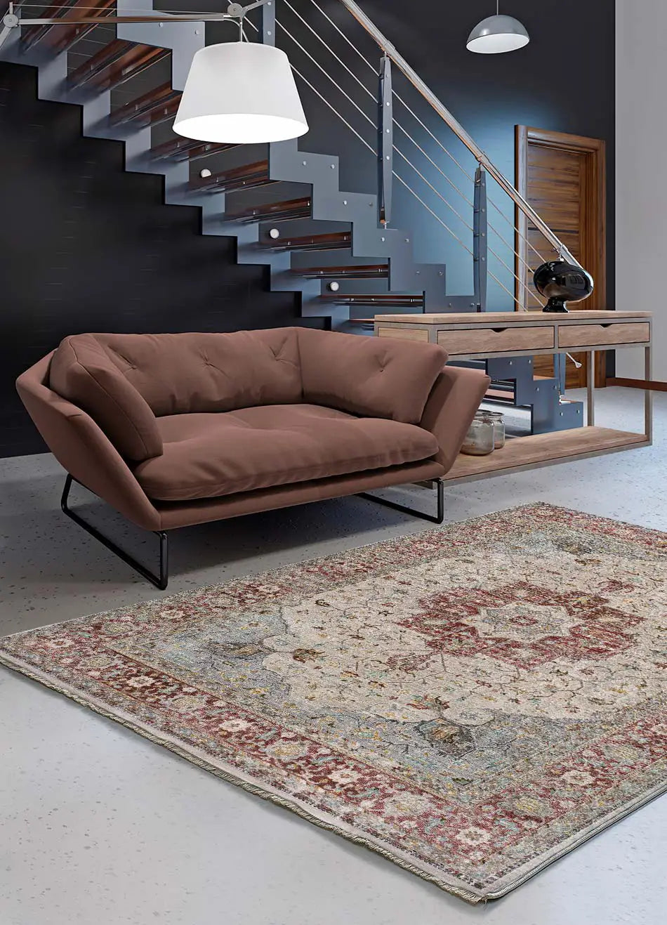 Alfombra salón vintage Tabriz 52011 Granate y Beige Atticgo