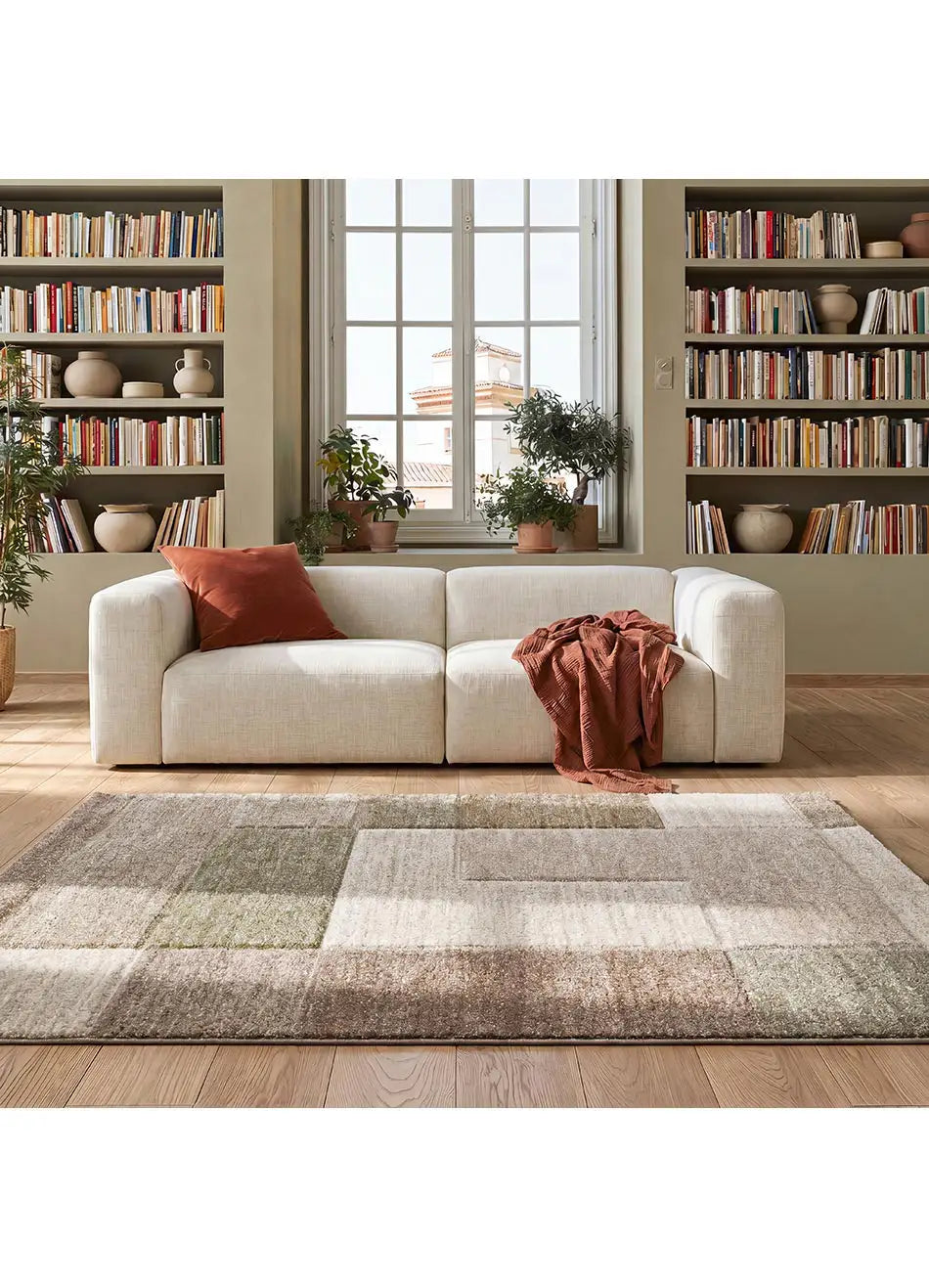 Alfombra geométrica beige y marrón para salón Teva 44003 Atticgo
