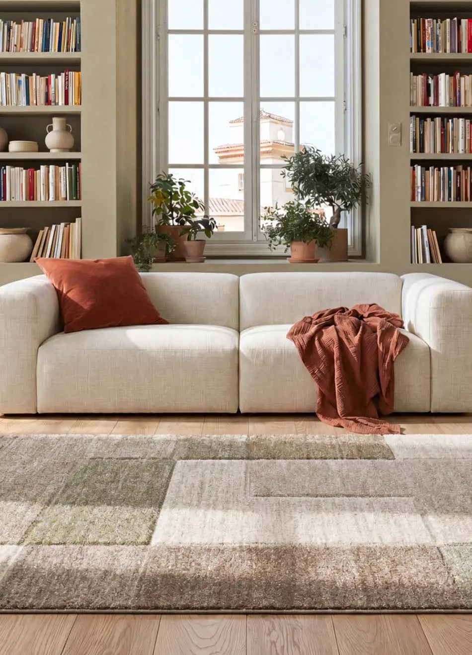 Alfombra geométrica beige y marrón salón Teva 44003 Atticgo