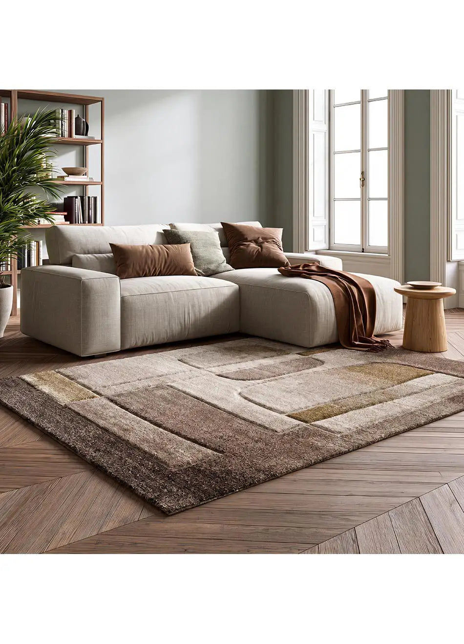 Alfombra geométrica beige y marrón para salón Teva 44009 Atticgo