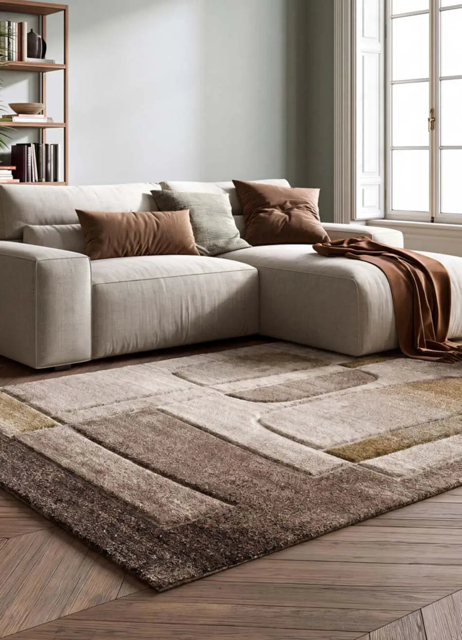 Alfombra geométrica beige y marrón salón Teva 44009 Atticgo